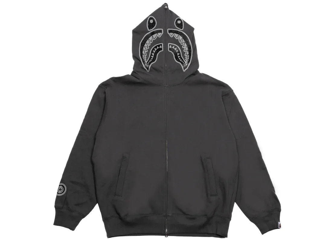 BAPE HAND DRAWN FACE RELAXED FIT SHARK FULL ZIP HOODIE (GREY)